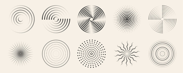 Dot radial ripple patterns set with circular geometric shapes for modern design elements. Black concentric rings and dotted spirals on beige background. Abstract burst forms with lines or points.
