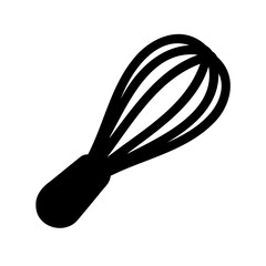 A black and white minimalist illustration of a kitchen whisk icon