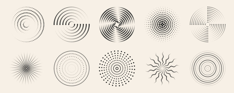Dot radial ripple patterns set with circular geometric shapes for modern design elements. Black concentric rings and dotted spirals on beige background. Abstract burst forms with lines or points.