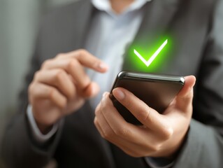 Hands Interacting with Smartphone for Online Shopping Transaction, Secure Payment Confirmation with Green Checkmark, Digital Purchase Success