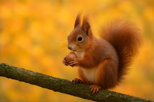 Red Squirrel Eating Nut on Tree Branch in Autumn Light