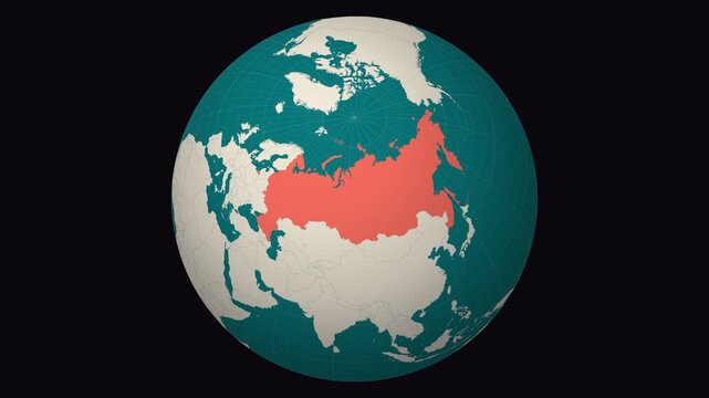 Russia map. Animated zoom into the country on the Globe in Teal Pale Mint color palette. Country logo animation. Map with meridians, parallels. Artistic video.