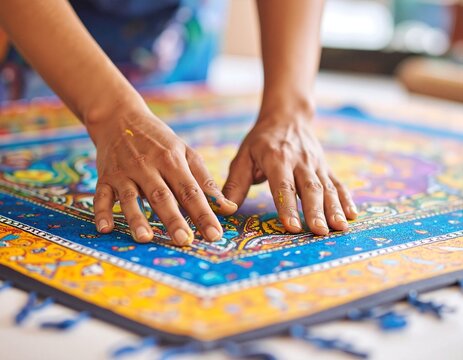 A focused individual sits at a wooden table, carefully placing colorful puzzle pieces together, surrounded by scattered pieces and a bright lamp.