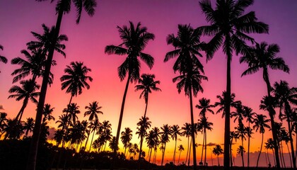 Obraz premium Silhouetted palm trees under a vibrant sunset sky, creating a tropical landscape