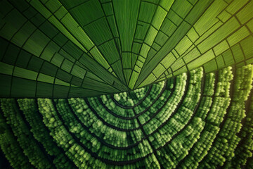 Green abstract spiral made of digital cubes viewed from above. Conceptual technology background for data visualization, innovation, or future interface designs with copy space.