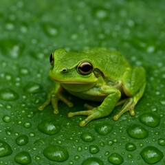 Obraz premium Green Frog Sitting on Leaf with Dew Drops