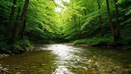 Serene timelapse of a clear river flowing through a lush green forest, showcasing the dynamic interplay of light and water growth, summer, forest