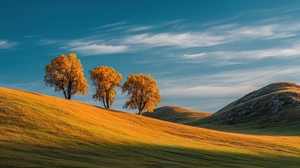 Three Golden Trees Standing Tall on Verdant Green Hills. Captivating Autumnal Landscape with Lush Hills and Radiant Trees.