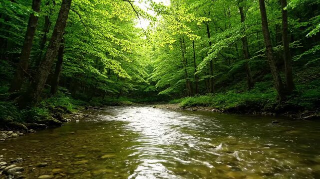 Serene timelapse of a clear river flowing through a lush green forest, showcasing the dynamic interplay of light and water growth, summer, forest