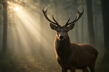 Majestic deer in forest sunlight, wildlife nature photography with dramatic lighting