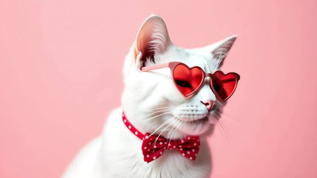 White Cat with Red Heart Sunglasses