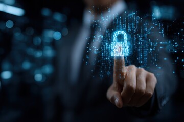 Cyber Security Technology Lock on Finger Data Protection Futuristic Digital Security Lock Data Protection Digital Security Internet Safety Data Binary Code Finger