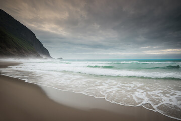 dramatic stormy seascape and cloudy sky, foaming waves on sand, rocky coast, and surf as abstract nature