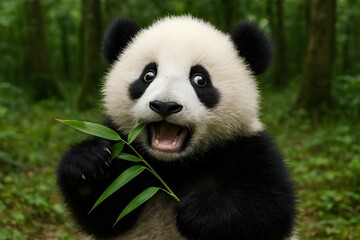 Obraz premium Cute giant panda eating bamboo, wildlife animal in natural habitat 