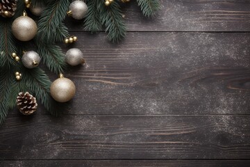 Christmas ornaments and pine branches forming a border on a rustic wooden background with copy space
