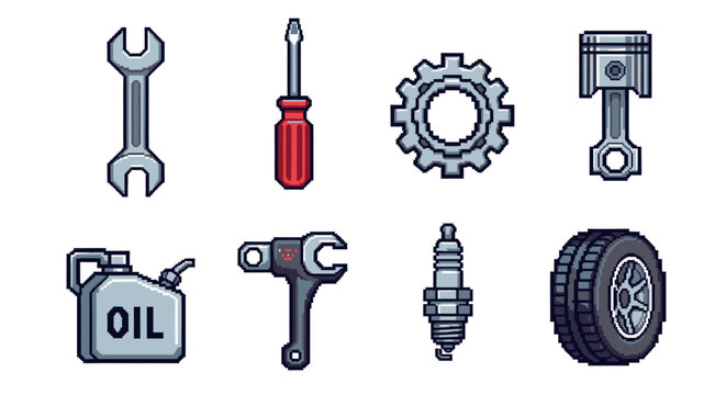 Collection of pixel art icons for automotive repair and vehicle service, featuring tools like a wrench and parts like a piston and gear