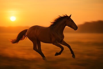 Wild horse running through desert at sunset, freedom and power concept