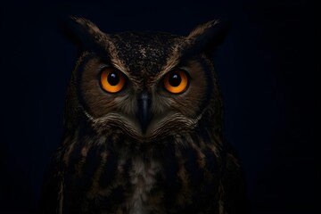 Fototapeta premium Close-up portrait of owl with glowing orange eyes on dark background