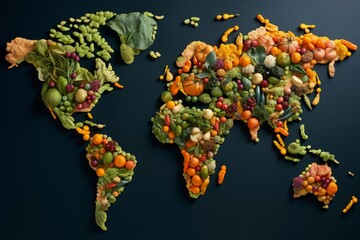 Colorful world map created with various fruits and vegetables symbolizing global food production and healthy eating