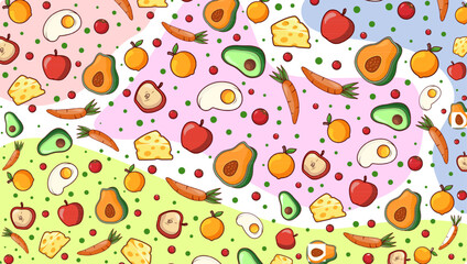 A lively seamless pattern featuring fresh fruits, vegetables, and dairy items—avocado, egg, cheese, apple, carrot, tomato, and more. Ideal for food branding, packaging, and lifestyle design.
