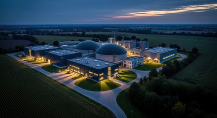 Modern biogas plant with glowing buildings surrounded by green fields at twilight in the countryside