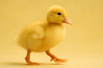 Fototapeta premium Yellow duckling on bright yellow background – cute baby farm animal
