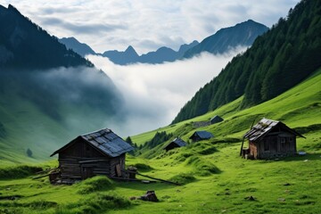 Obraz premium Charming wooden huts dot a lush green valley, with majestic mountains shrouded in mist creating a serene alpine landscape