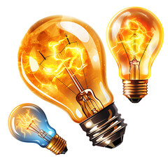 Three glowing incandescent light bulbs with fiery filaments isolated on transparent background