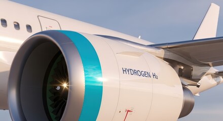 Hydrogen-powered airplane engine with bright sun flare and blue stripe on an aircraft against clear sky