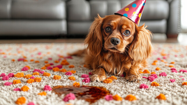 A sad Cavalier King Charles Spaniel wearing a party hat, looking guilty after an accident on a confetti-strewn carpet. Ideal for pet humor or cleaning tips.