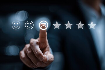 Customer Satisfaction Rating Bad Service Experience Hand Pressing Glowing Frown Face Stars Icon Modern Business Evaluation Negative Unsatisfactory Average Rate Review Concept