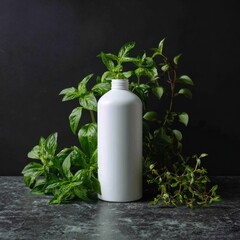 Minimalist White Plastic Bottle with Lush Green Herb Garden Artistic Still Life Composition on Dark Granite Surface Eco-Friendly Concept Mockup Template