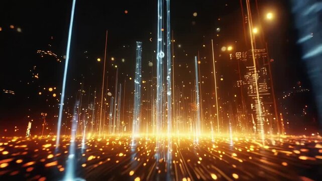 Video of futuristic cyberpunk interface with glowing orange and blue data streams and code symbols
