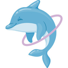 Playful light blue dolphin with closed eyes spins a pink ring around its body on a transparent background