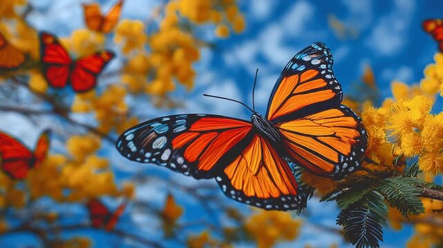 butterfly sitting on a mimosa spreads its wings and takes off, butterflies circle over a blooming acacia, a screensaver idea about spring and Valentine's Day
