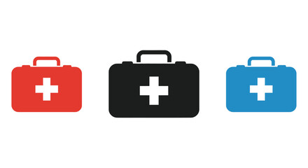 Three medical cases with white plus signs in red black and blue