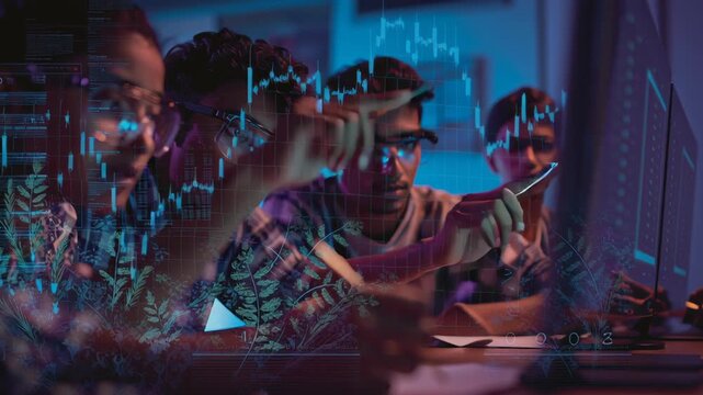 Group of Indian college students analyzing stock trends, holographic data with subtle Indian motifs, futuristic classroom inspired by Indian design, stock market for students India