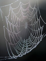 Dewdrops adorn intricate spiderweb on a misty morning