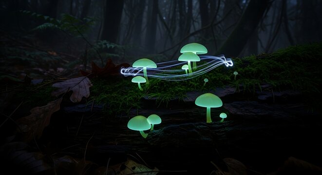 Glowing Mushrooms in Dark Forest, Bioluminescent Fungi, Fantasy