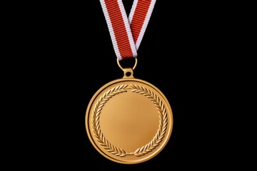 Fototapeta premium Gold medal with laurel wreath hanging from a red and white ribbon against a black background, representing success and accomplishment