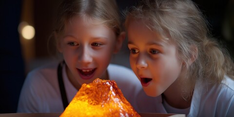 Curious caucasian girls exploring a glowing volcano model in dark room