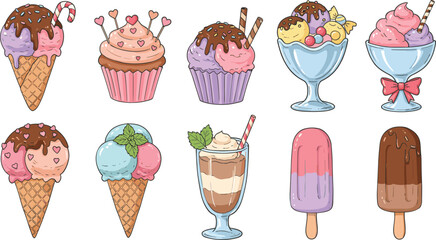 Whimsical ice cream desserts, colorful cupcakes, chocolate popsicles, sweet parfaits, sundae treats, cartoon style illustration, playful food art, vibrant confectionery design,