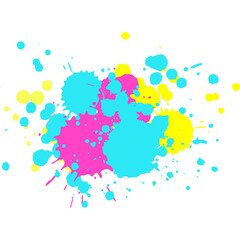 Abstract colorful paint splatters in vibrant pink cyan and yellow hues on a clean white background perfect for graphic design elements and artistic compositions