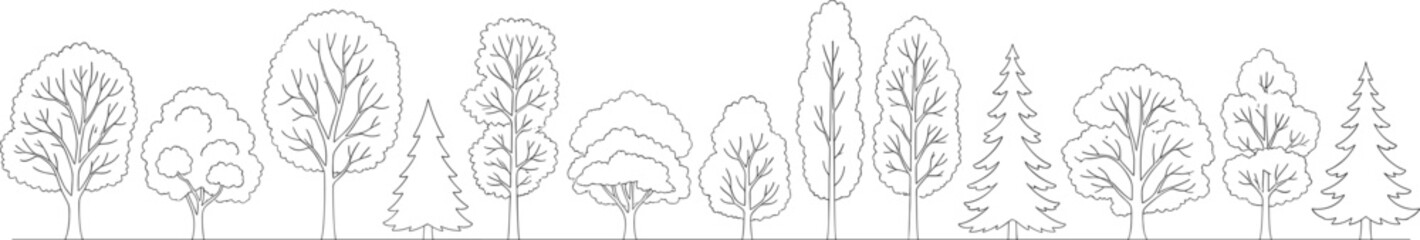 Row of Diverse Tree Types – Deciduous and Coniferous Silhouettes, Botanical Variety, Landscape Elements, Black and White Vector Illustration