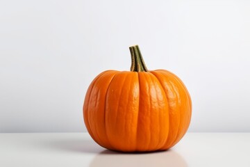 Obraz premium Vibrant orange pumpkin on a white surface, perfect for autumnal themes and celebrations