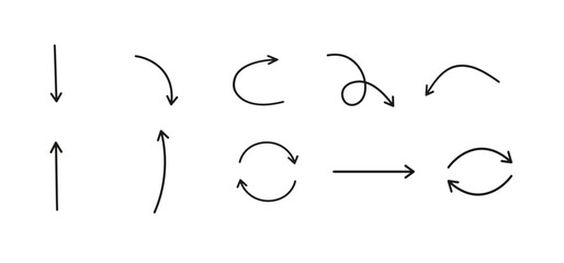 Thin Lines Arrows Set. Line arrows and directions icon set. Minimal vector chevrons pack. Includes turn up, U-turn, swap, bounce, trend, shuffle, zigzag, merge, split, loop and more. Editable stroke.