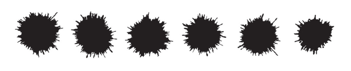 Set of black ink brush circle textures, grunge paint stains and splatter marks isolated on white background, abstract round design elements for logo, poster, art, or modern graphic decoration concept.