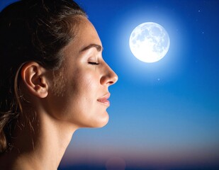 A woman stands in a serene night setting, gazing up at the luminous full moon, her face illuminated by its soft glow, surrounded by twinkling stars.