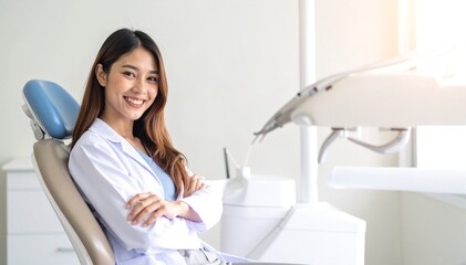 A confident woman sits in a modern office chair, arms crossed, wearing a stylish blouse and glasses, with a focused expression in a bright workspace.