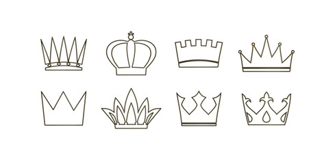 Collection of crown silhouette icons with royal luxury and elegant head wear design. Doodle king queen crown. Hand drawn logo set. Vector kingdom sketch concept, vector illustration. © maria